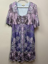 One World Dress Womens Large Purple Paisley Boho Embellished Ruffle Hem Knit
