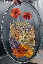 Vintage Real Dried Pressed Flowers Glass W/ Soldered Metal Frame 6x9" Suncatcher