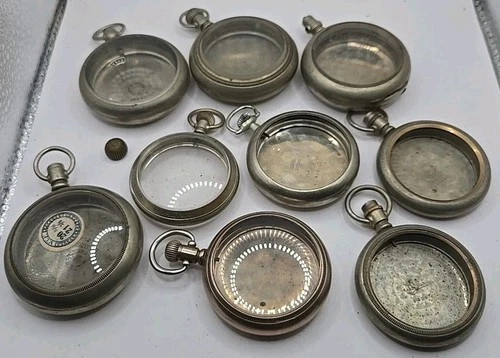 Lot Of 9 Antique Pocket Watch Cases Various Sizes  Nickel Silver Waltham