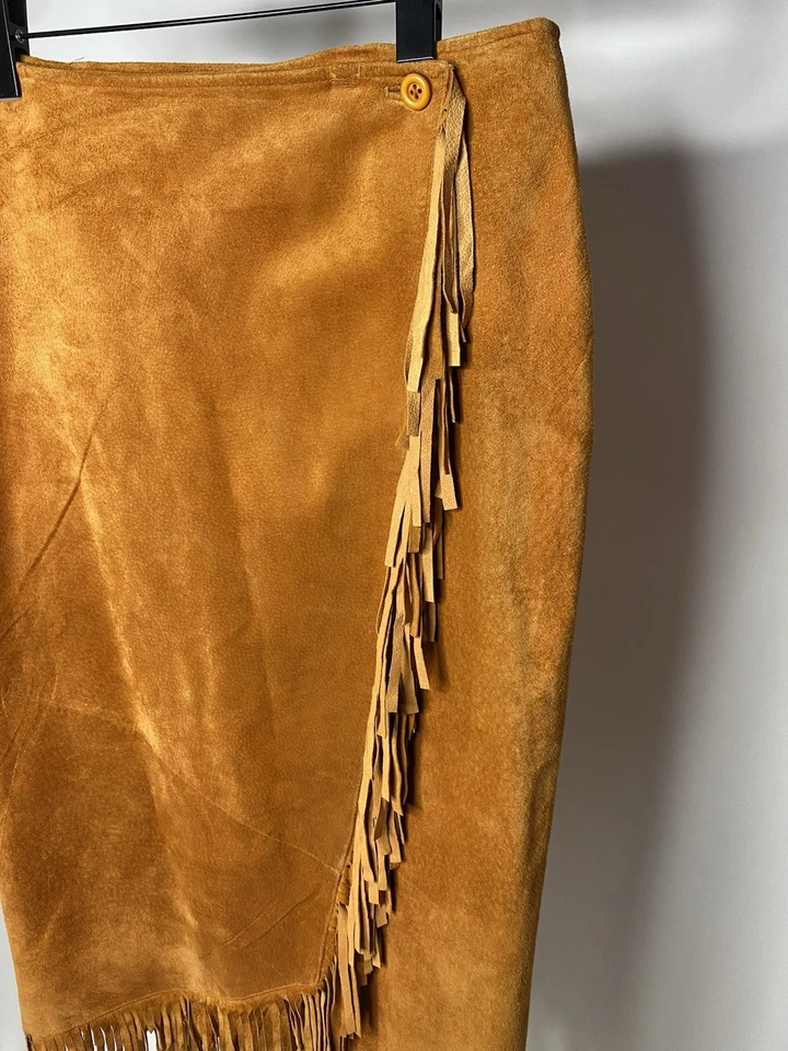 CO-OP para Mujer Falda Envolvente de Cuero Flecos Talla 10 Marrón Western Rodeo Boho Midi Foto 3 de 4