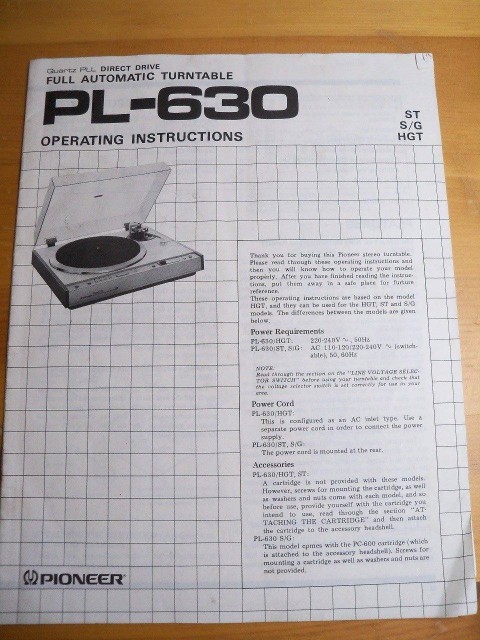ORIGINAL PIONEER OWNER'S MANUAL PL-630 NICE!
