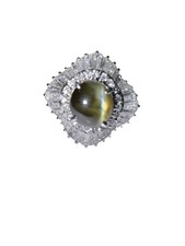 Estate 6.73 ctw Natural Cats Eye Chrysoberyl Diamond Halo Cocktail Ring Platinum