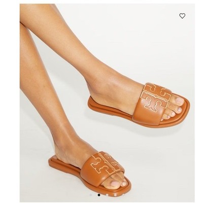 Tory Burch Double T Sport Slides Size 8.5 In Bourbon Miele/ Gold With Dustbag