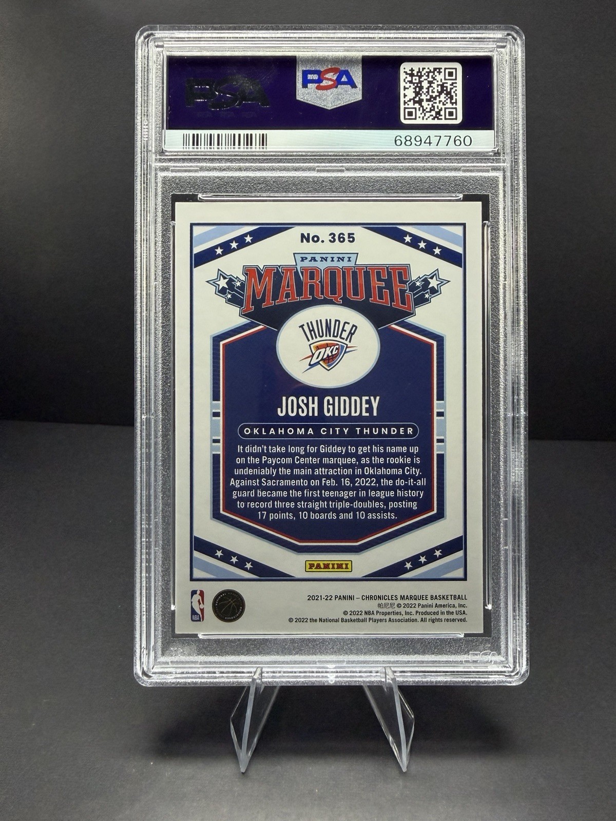 2021-22 Panini Chronicles Marquee Basketball Josh Giddey Blue /99 #365 PSA 9 view 2