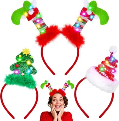 AODAER 3 Pack Christmas LED Headbands Holiday Light up Costume Tree Elf Headwear Glowin