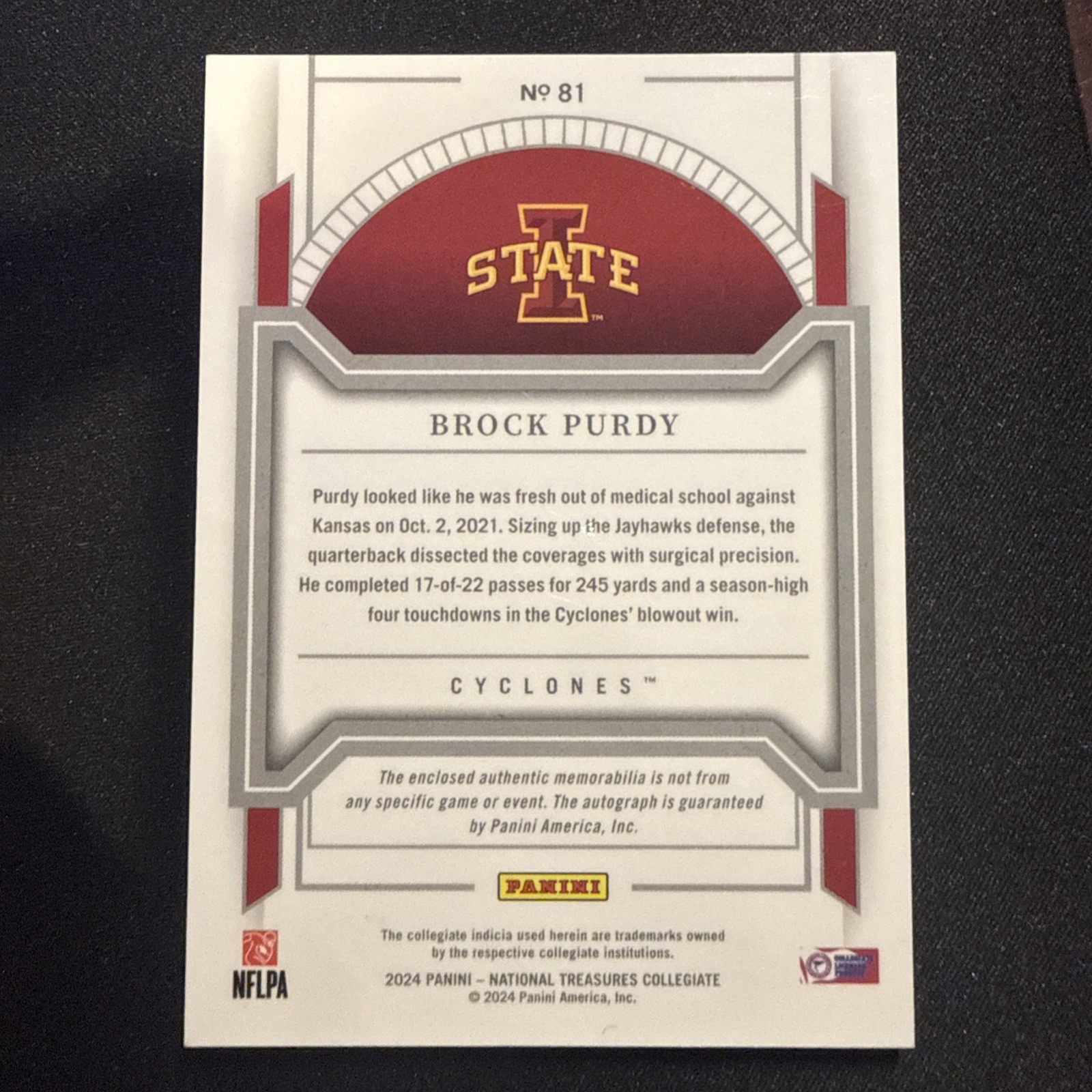2024 Panini National Treasures Collegiate Brock Purdy rc ON CARD Auto No. 42/49 view 2