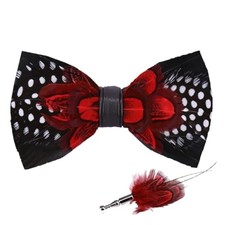 Handmade Feather Bow Tie and Lapel Pin Set Men&rsquo;s Black Bow Tie With Red Feather