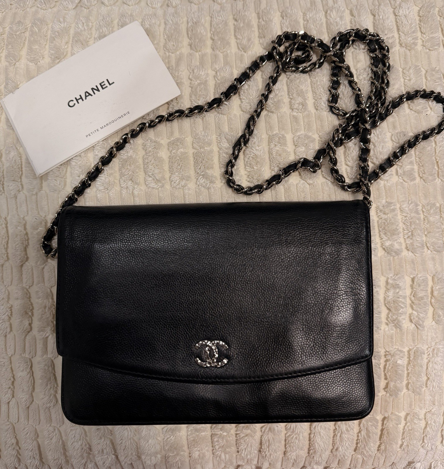 CHANEL Black Wallet on Chain with Logo Accent in Silver Hardware & Brand Card