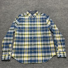 Nautica Mens Button Down Shirt L Blue Yellow Plaid Classic Stretch Long Sleeve