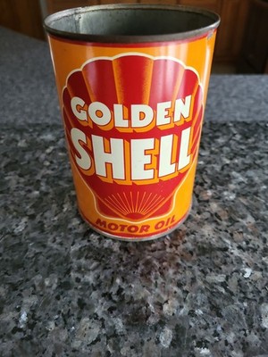Vintage GOLDEN SHELL MOTOR OIL Quart Can Soldered Seam Original Rare 1940s Empty