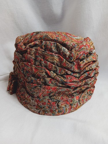 Vtg 60s 70s Turban Hat Red Paisley Metallic Mid Century - Picture 5 of 16