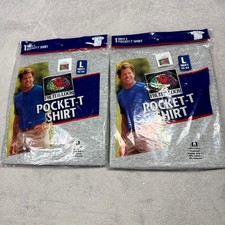 Fruit of the Loom Pocket T-Shirt Mens L Gray 2pk Vintage 1998 Deadstock New