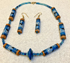 NEW HANDMADE 16"LONG NECKLACE/ 1.5"PIERCE EARRING SET-WOOD PAINTED BLUE BEADS