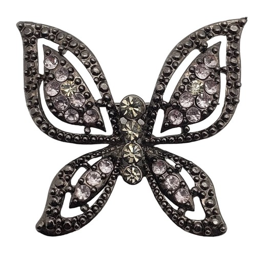 Brosche dunkler Strass Schmetterling rosa grün Kristall Insekt Vintage Anstecknadel Rotguss - Bild 1 von 7