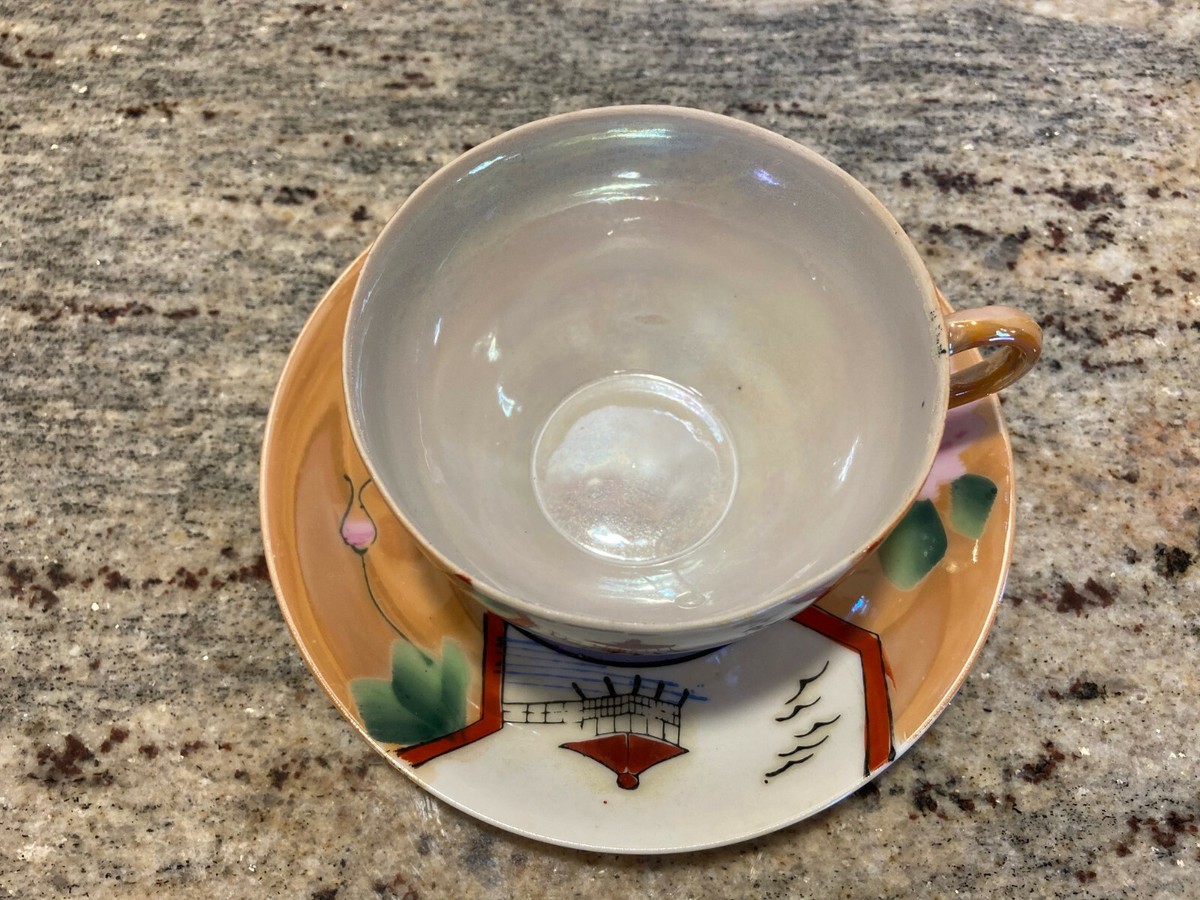 中国古玩　翡翠色吹墨煎茶椀 Sunny China Lusterware Cup & Saucer Hand Painted Porcelain