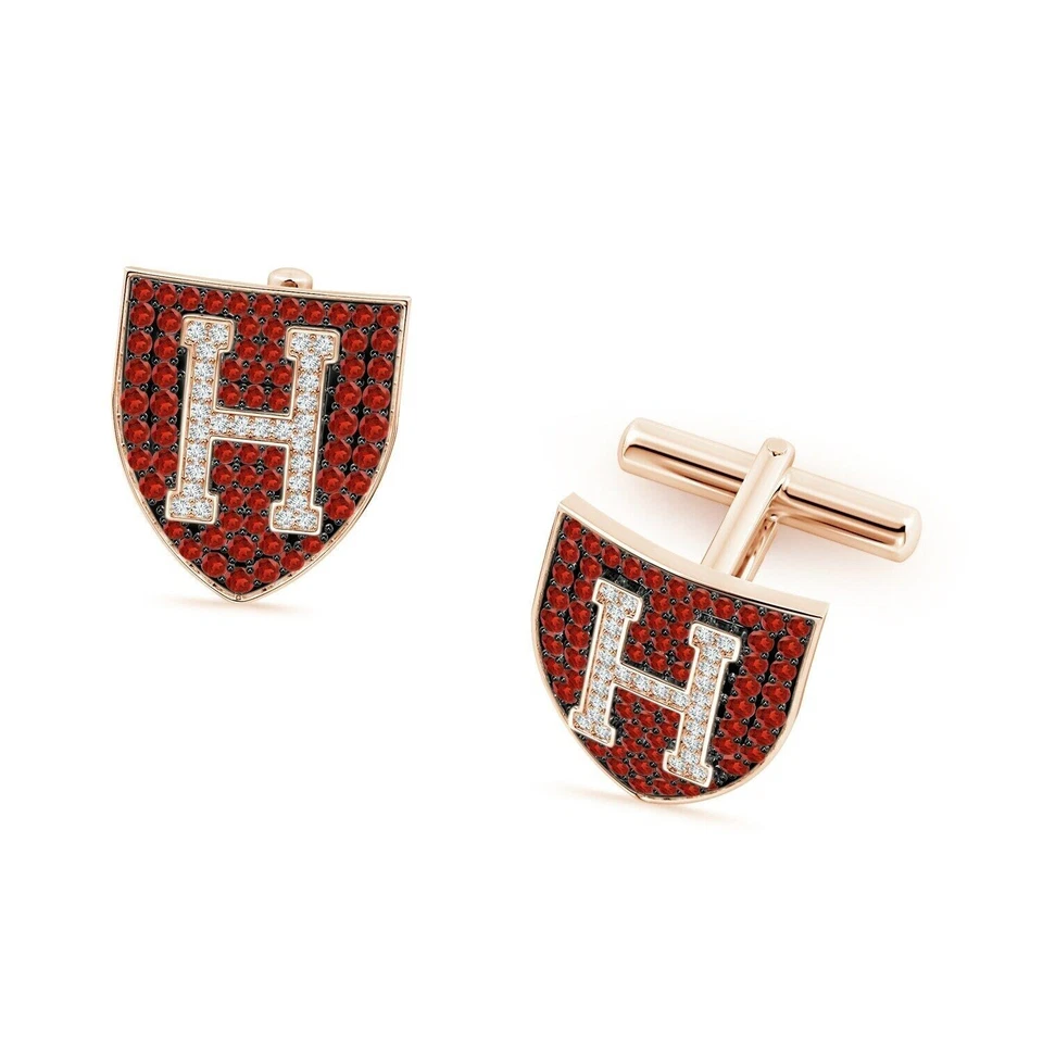 Мужские запонки с эмблемой Гарварда из розового золота 14 карат с гранатом и бриллиантами Lab Created FN - Изображение 2 из 4