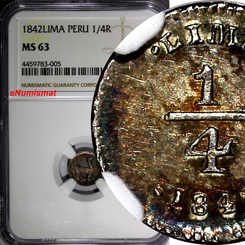 PERU Silver 1842 LIMA 1/4 Real NGC MS63 RAINBOW TONED TOP GRADED KM#143.1 (005)
