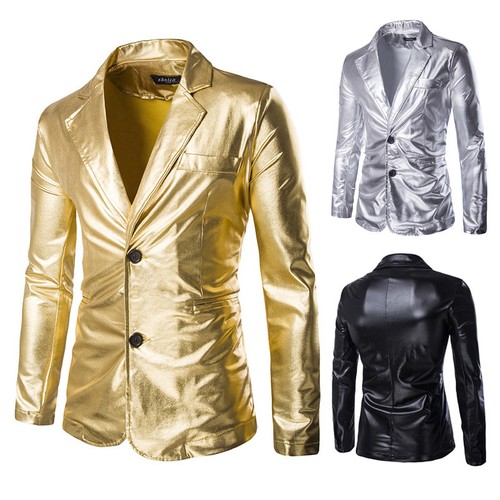 Giacca da uomo in finta pelle look bagnato glitter metallizzato palco con due bottoni cappotto top - Foto 2 di 13