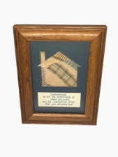 VINTAGE COLLAGE QUILTED HOUSE WITH CONTENTMENT QUOTE FRAMED UNDER GLASS EUC