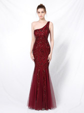 One-shoulder Tulle Sequins Evening Dress Long Mermaid Elegant Prom Robe Burgundy
