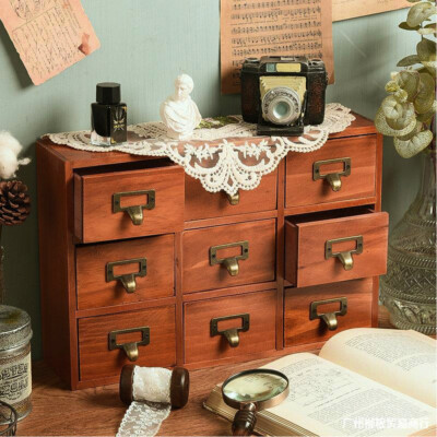 Lattice Desktop Drawer Storage Box Wooden Retro Spice Makeup