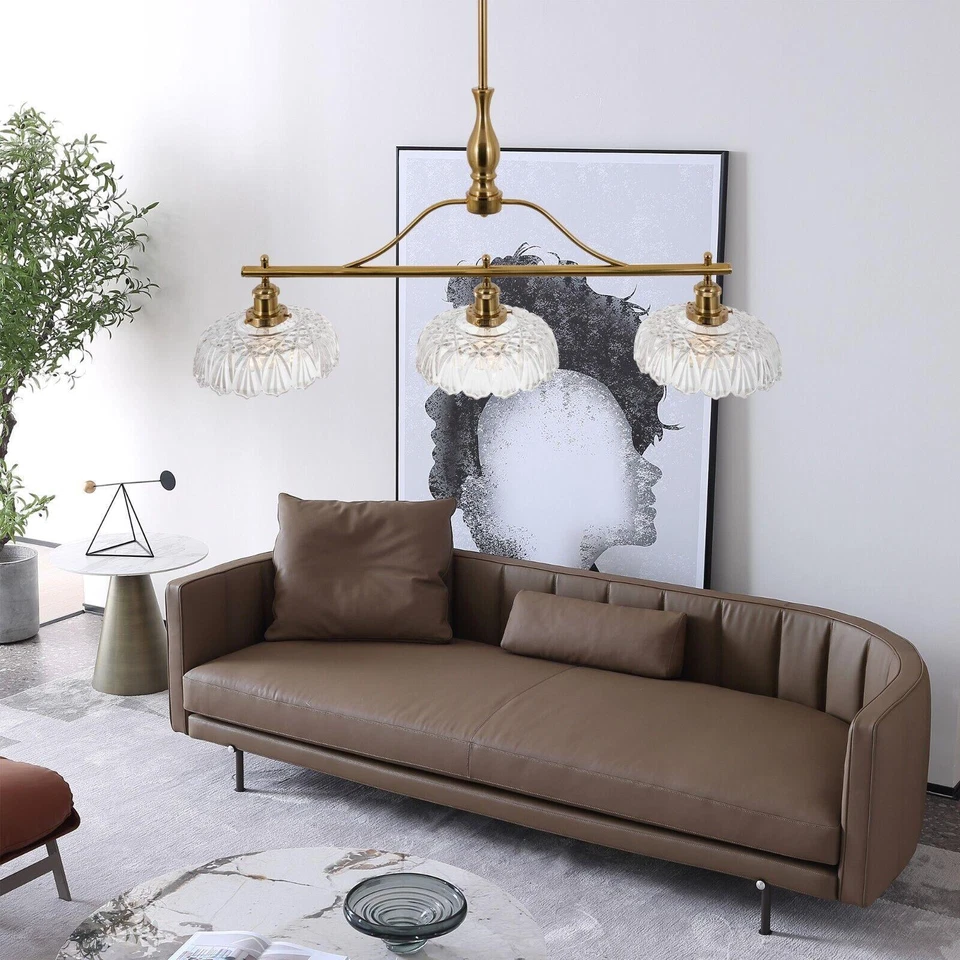 Candelabro de vidro 3 luzes meados do século lâmpada pingente bronze ouro iluminação de teto - Imagem 3 de 4