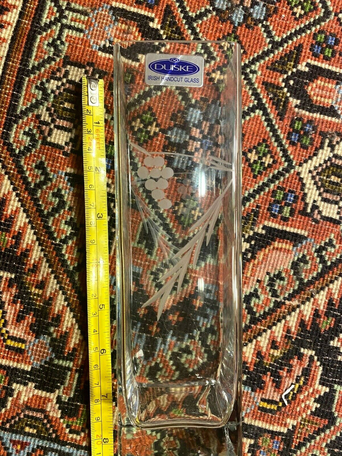 Duiske Irish Handcut Glass 7 1/4" x 2" Square Vase Grapes and Vine