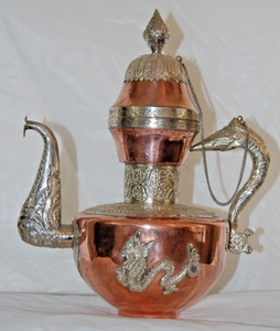 Antique Tibet Nepal "Dragon" Chased Silver over Copper Coffee Pot 