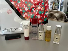 Mixed Lot 6 Shiseido Mini Travel Samples & Cosmetic Bag, Cologne, Serum, Lotion