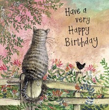 ALEX CLARK CAT ON FENCE & HONEYSUCKLE CARD ~ HAPPY BIRTHDAY ~ BLANK INSIDE