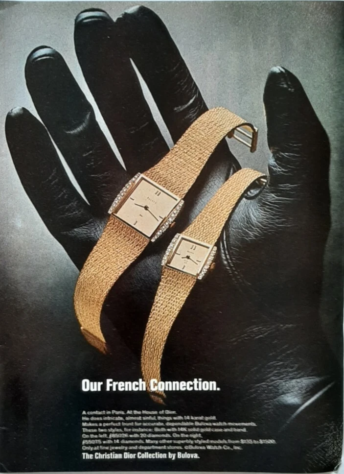 PUBLICITÉ MONTRE HOMME ET FEMME 1974 CHRISTIAN DIOR BULOVA FRENCH CONNECTION OR