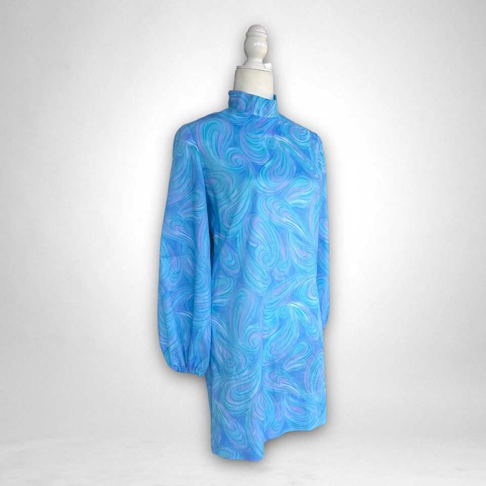 Vestido Vintage Años 70 Mangas Globo Azul Talla S Retro Boho Hippie Groovy Disco Foto 3 de 4