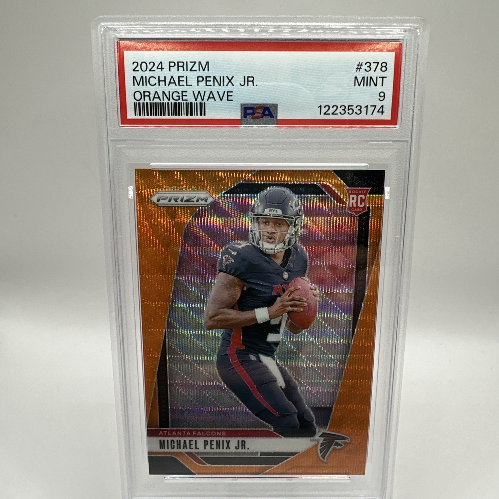 MICHAEL PENIX JR. 2024 Panini Prizm #378 Orange Wave RC #60/60 PSA 9 Bookend