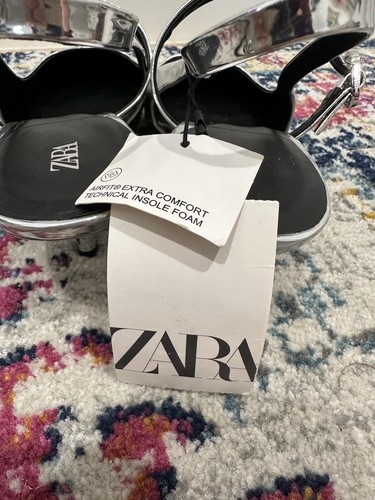 Zara Silver Shiny Metallic Kitten Pointy Heels Mary Jane Sling Back Eu 41 Aus 10 - Picture 13 of 13
