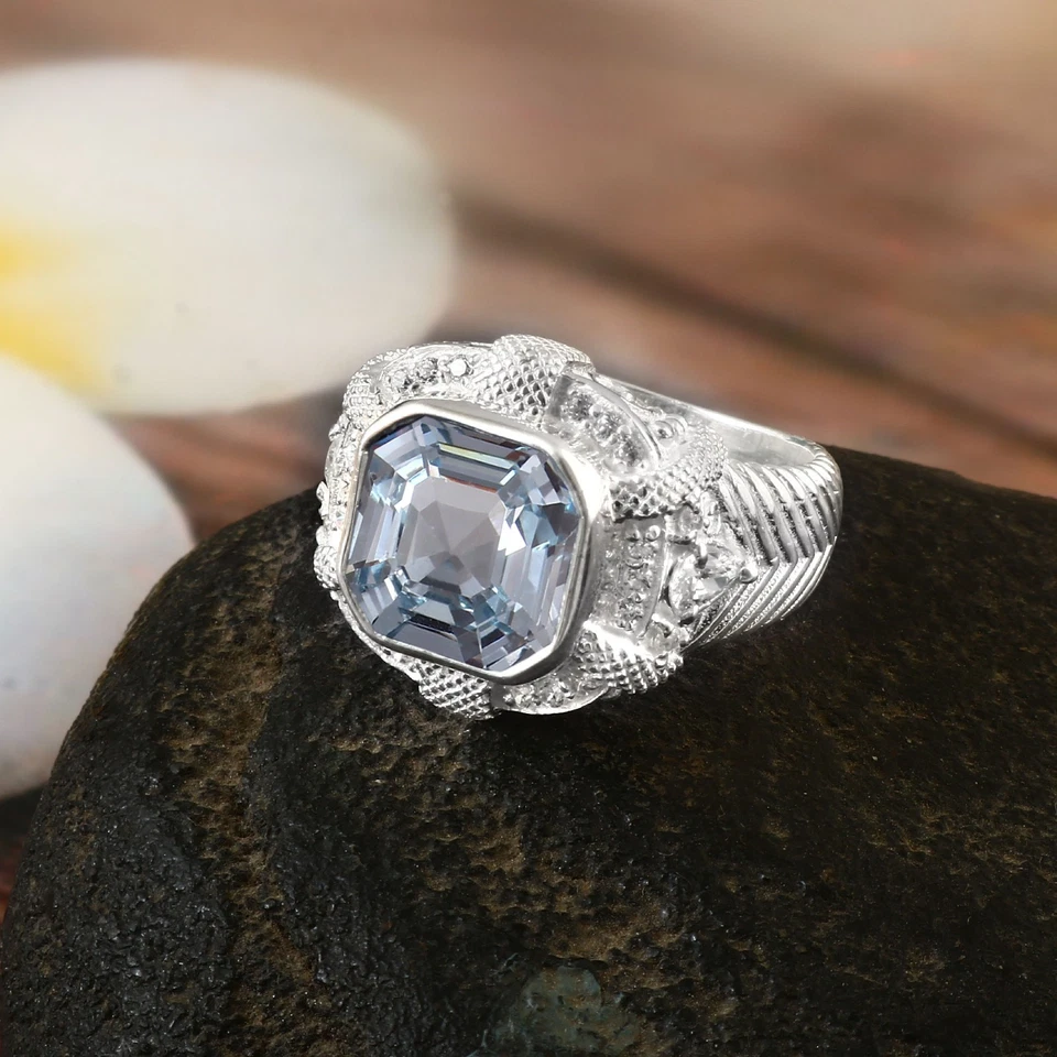AAA Aquamarin Asscher Schliff Edelstein 11x11 MM, Sterling Silber Verlobungsring - Bild 4 von 4