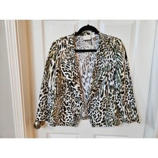 Chico  s Size 1 Animal Print Linen Jacket Blazer Zip Front Leopard Safari