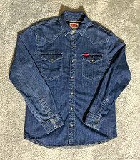 Wrangler Mens M Denim Western Shirt Blue Pearl Snap Cowboy Long Sleeve C196