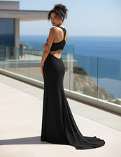 Black Stretch Jersey Prom Dress Size 2 Sheer High Slit Party Formal holiday Gown