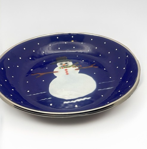 The Golden Rabbit II Blue Enamel Metal Denise S. Harvey 9" Snowman Plate Set Two - Picture 5 of 12