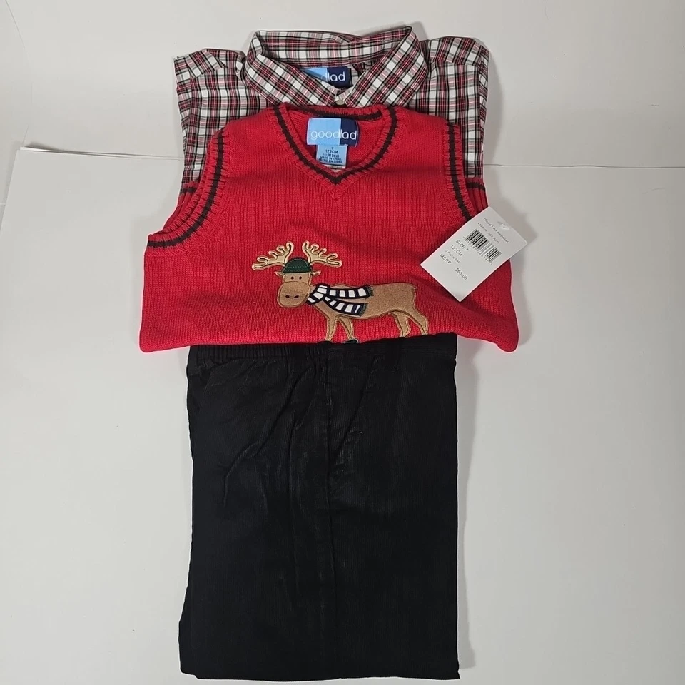 GOOD LAD мальчиков 7 красный свитер жилет и вельветовые брюки комплект новый с Ярлыками $68 Рождественский северный олень - Изображение 2 из 4
