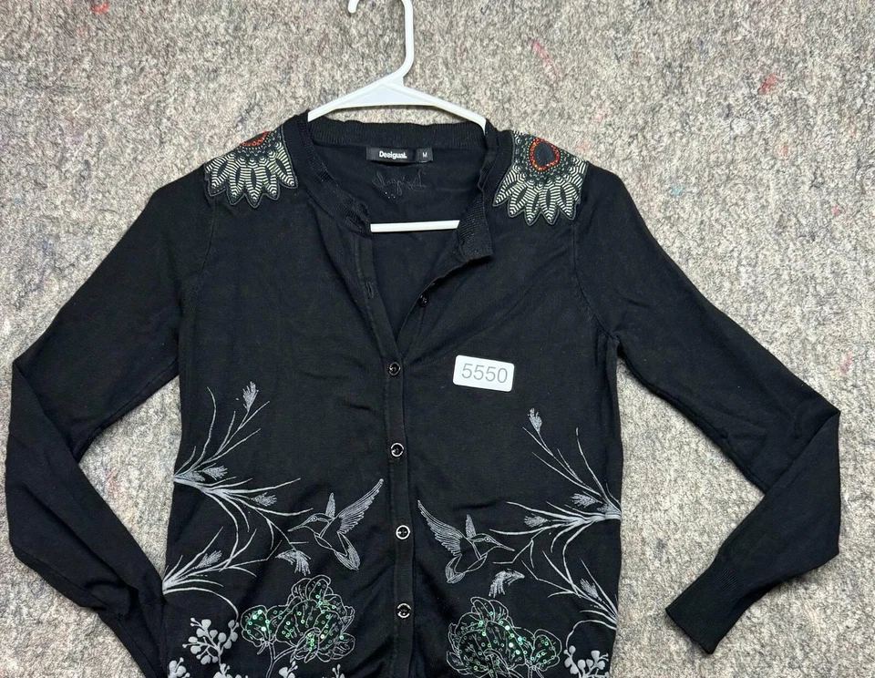 Cárdigan Suéter Desigual Mujer Botón Negro Floral Cuentas Talla M Foto 2 de 4