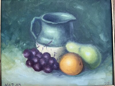 Fruit and Clay Pitcher Still Life, Oil on Board, Framed, Signed Nazak