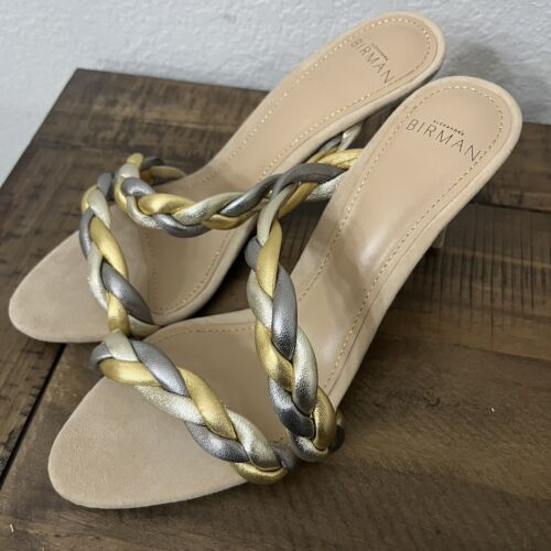 $525 Alexandre Birman Selena Gold Silver Braided Metallic Strap Sandals NEW