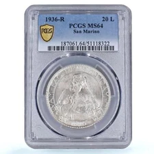 San Marino 20 lire Republic Coinage KM-11 MS64 PCGS silver coin 1936