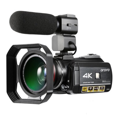ORDRO AC3 30MP 4K Camcorder Wifi Video Camera w/ Microphone Wide-Angle Lens Hood
