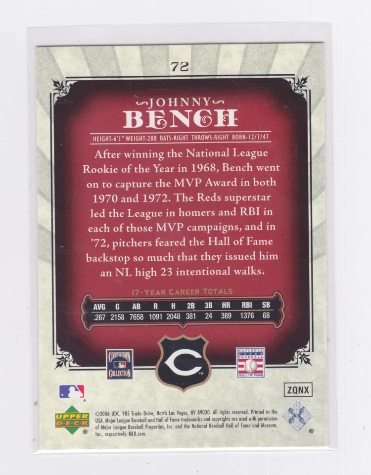 2006 Upper Deck SP Legendary Cuts - Johnny Bench #72 - Image 2 of 2