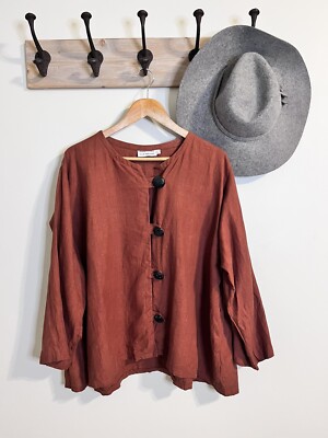 Louis Simon LA Libellule 100% Linen Lagenlook Jacket Funky Button Top Brown EUC