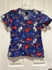 Small Scrub Top Pockets Dogs Bones Blue Red Zoe  Chloe Brand EUC Nurse Tech Vet