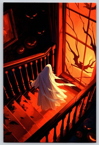 Postcard Ghost on Haunted Stairwell Halloween Spooky Bat in the Window