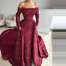 Vintage Red Gorgeous Full Pearl Detachable Sweep Train Formal Prom Party Dress